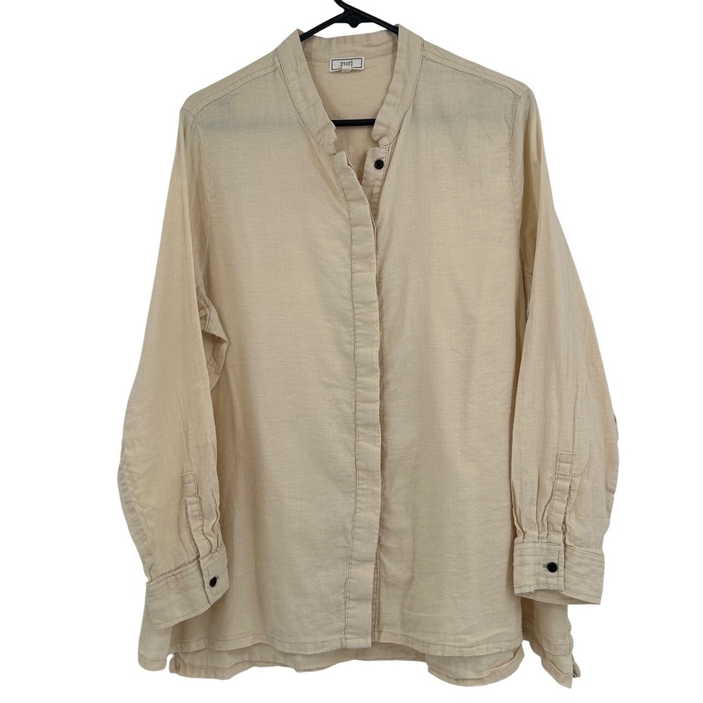 Zuri Kenya Women XL Beige Linen Cotton Mandarin Collar Button Down lagenlook